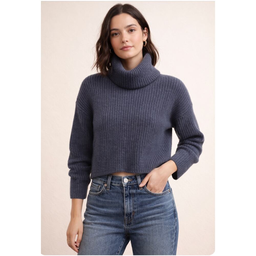 Madewell Resourced Cashmere Turtleneck Sweater XXS Slate Blue Ribbed Crop
